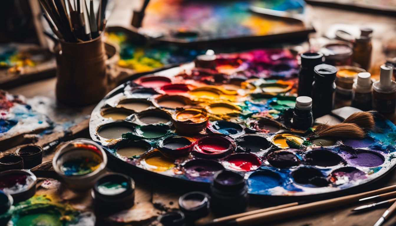 Una varietà di colori e strumenti per la pittura su una tavolozza d'artista.